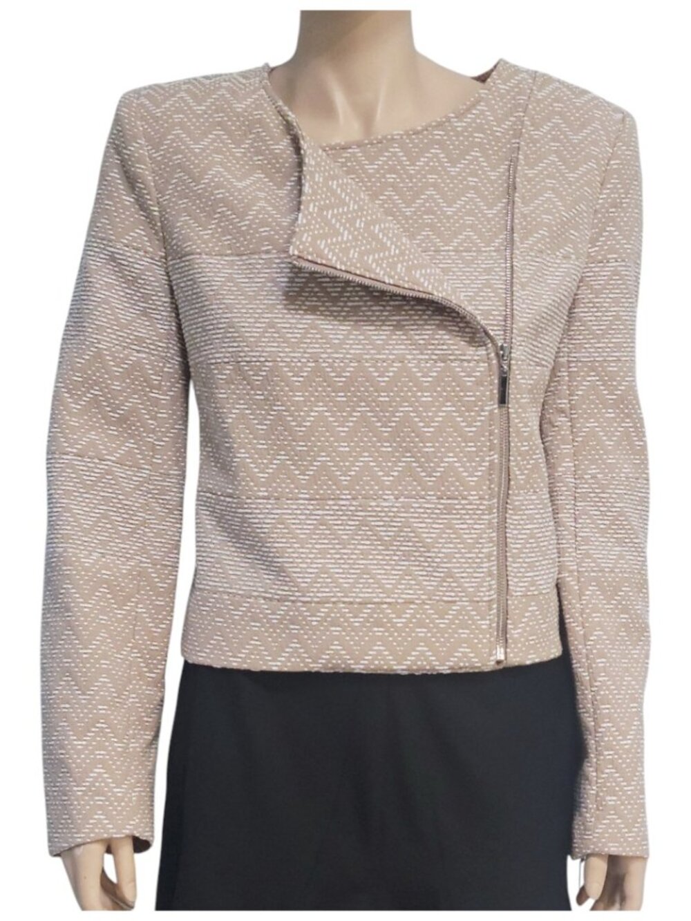 1. STATE Bouclé Moto Jacket Beige Chevron Asymmetrical Zip Textured Blazer NWT S